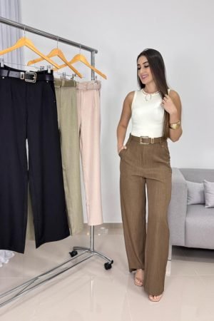 Calça Alfaiataria Wide Leg Feminina Importada com Cinto