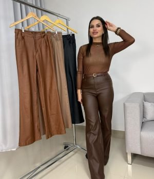 Calça Wide Leg Resinada Importada Efeito Couro – Sofisticação Meilin