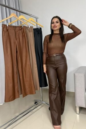 Calça Wide Leg Resinada Importada Efeito Couro – Sofisticação Meilin