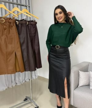 Saia Midi Resinada Importada com Fenda Lateral e Cinto – Elegância Premium