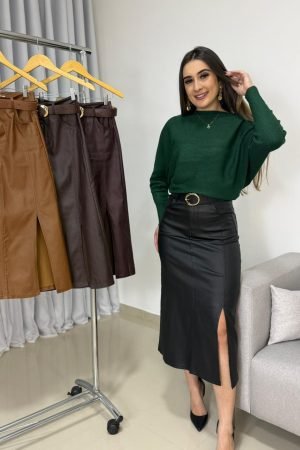 Saia Midi Resinada Importada com Fenda Lateral e Cinto – Elegância Premium