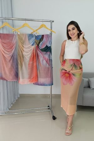 Saia Midi de Tule Estampada Feminina