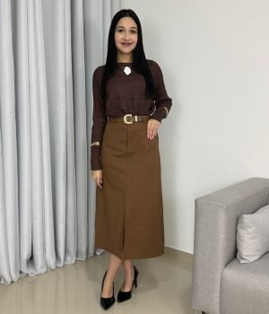Saia Midi em Linho Premium com Cinto