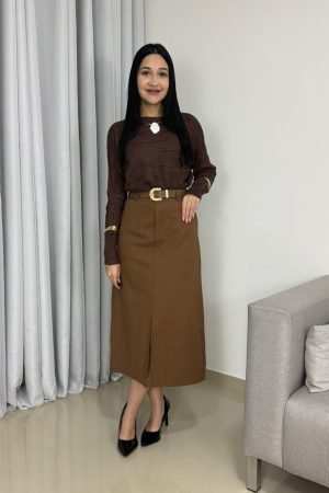 Saia Midi em Linho Premium com Cinto