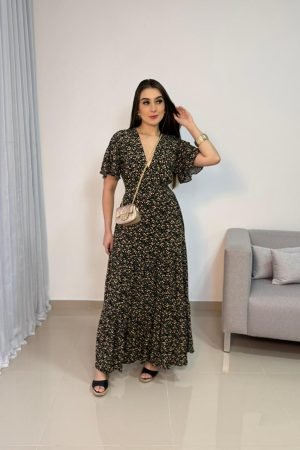 Vestido Liberty Preto com Manga e Decote V