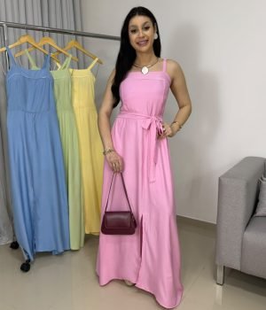 Vestido Longo Alças Largas em Viscolinho com Amarração
