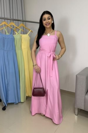 Vestido Longo Alças Largas em Viscolinho com Amarração