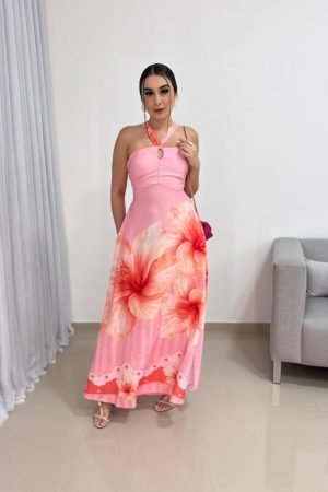 Vestido Longo Estampa Tropical com Amarração Feminino