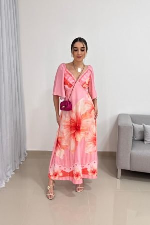 Vestido Longo Floral Rosa em Viscolinho com Manga e Lastex nas Costas
