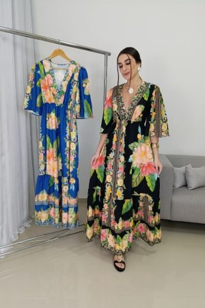 Vestido Longo Floral em Viscosarja com Manga