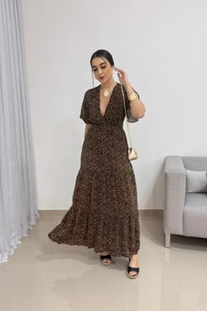 Vestido Longo Liberty em Viscolinho com Manga e Lastex nas Costas