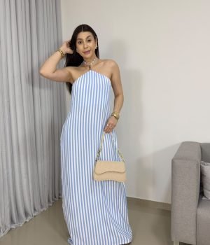 Vestido Longo Listrado em Crepinho Premium