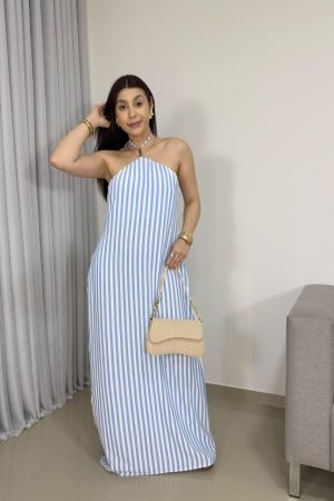 Vestido Longo Listrado em Crepinho Premium