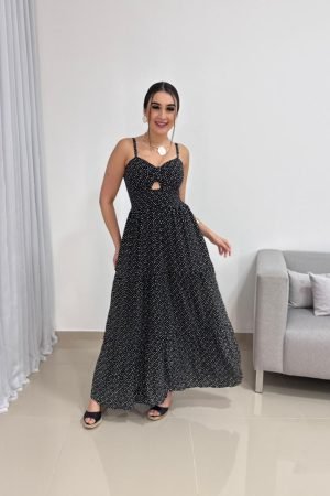 Vestido Longo Poá Preto em Viscolinho com Recorte Frontal