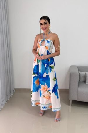 Vestido Longo Tropical Floral Azul e Laranja com Amarração Multifuncional