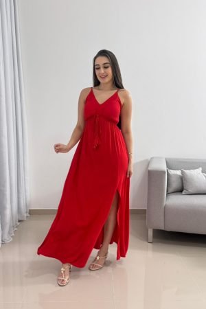 Vestido Longo Vermelho em Viscolinho com Bojo