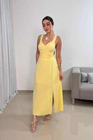 Vestido Longo Viscolinho Amarelo Pastel com Bojo