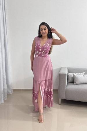 Vestido Longo Viscolinho Rosa com Estampa Floral