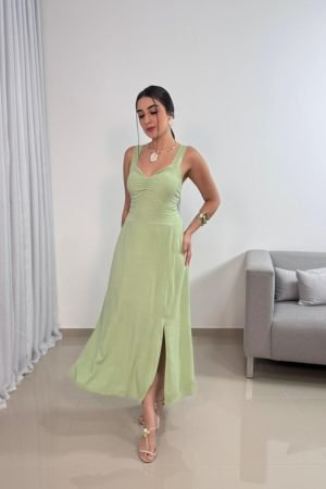 Vestido Longo Viscolinho Verde Pistache com Bojo