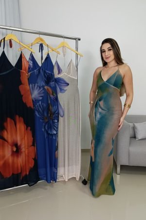 Vestido Longo de Tule Estampado Feminino