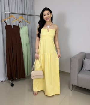Vestido Longo em Viscose Sarjada com Decote V Geométrico