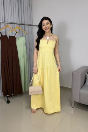 Vestido Longo em Viscose Sarjada com Decote V Geométrico