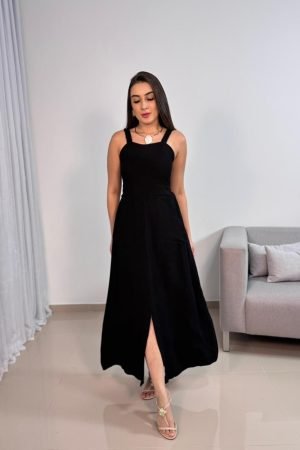 Vestido Longuete em Tecido Sensorial com Bolsos e Fenda Frontal