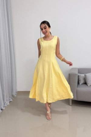 Vestido Midi em Tecido Marrante Amarelo com Lastex