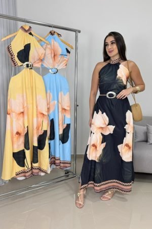 Vestido Tropical Feminino Fluido com Fivela Orgânica