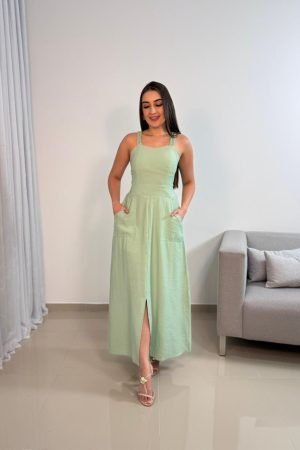Vestido Verde Água Liso em Viscolinho com Alças e Lastex