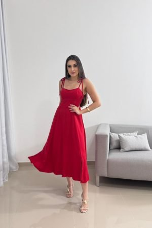 Vestido Vermelho Midi com Amarração nas Alças