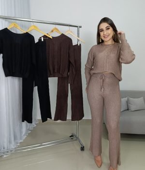 Conjunto Modal Feminino Canelado Importado Calça e Blusa