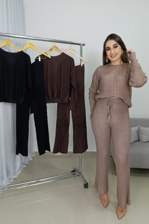 Conjunto Modal Feminino Canelado Importado Calça e Blusa