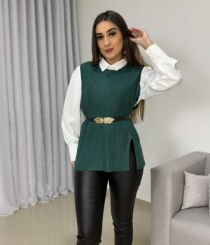 Conjunto Feminino Camisa, Colete e Cinto Folha