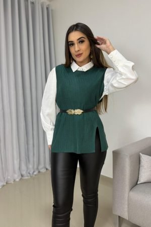 Conjunto Feminino Camisa, Colete e Cinto Folha